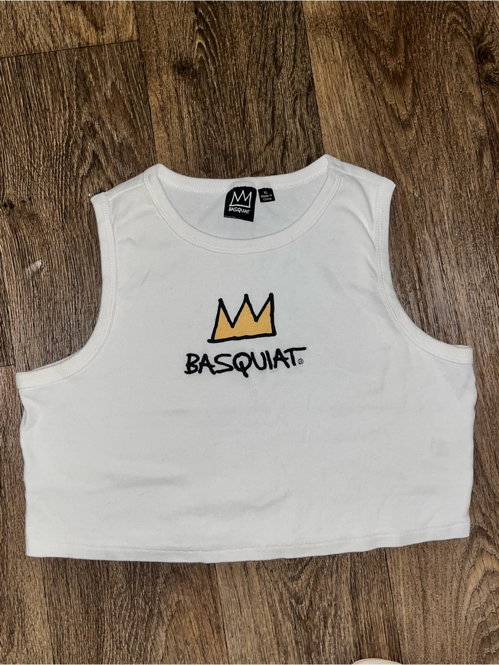 Basquiat White Crop Tank with Yellow Crown Graphic XL